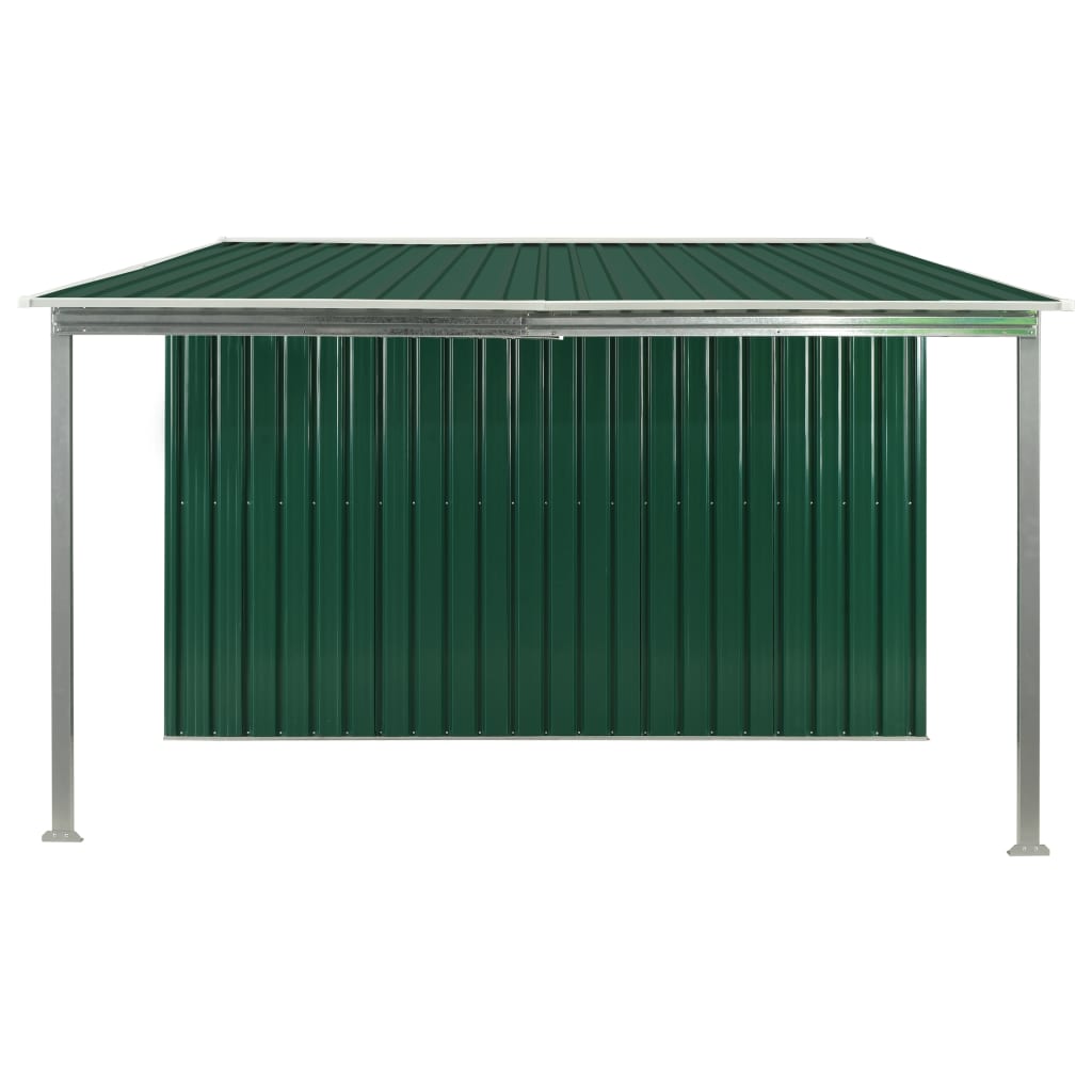 vidaXL Șopron de grădină cu uși glisante, verde, 386x259x178 cm, oțel vidaXL Șopron de grădină cu uși glisante, verde, 386x259x178 cm, oțel