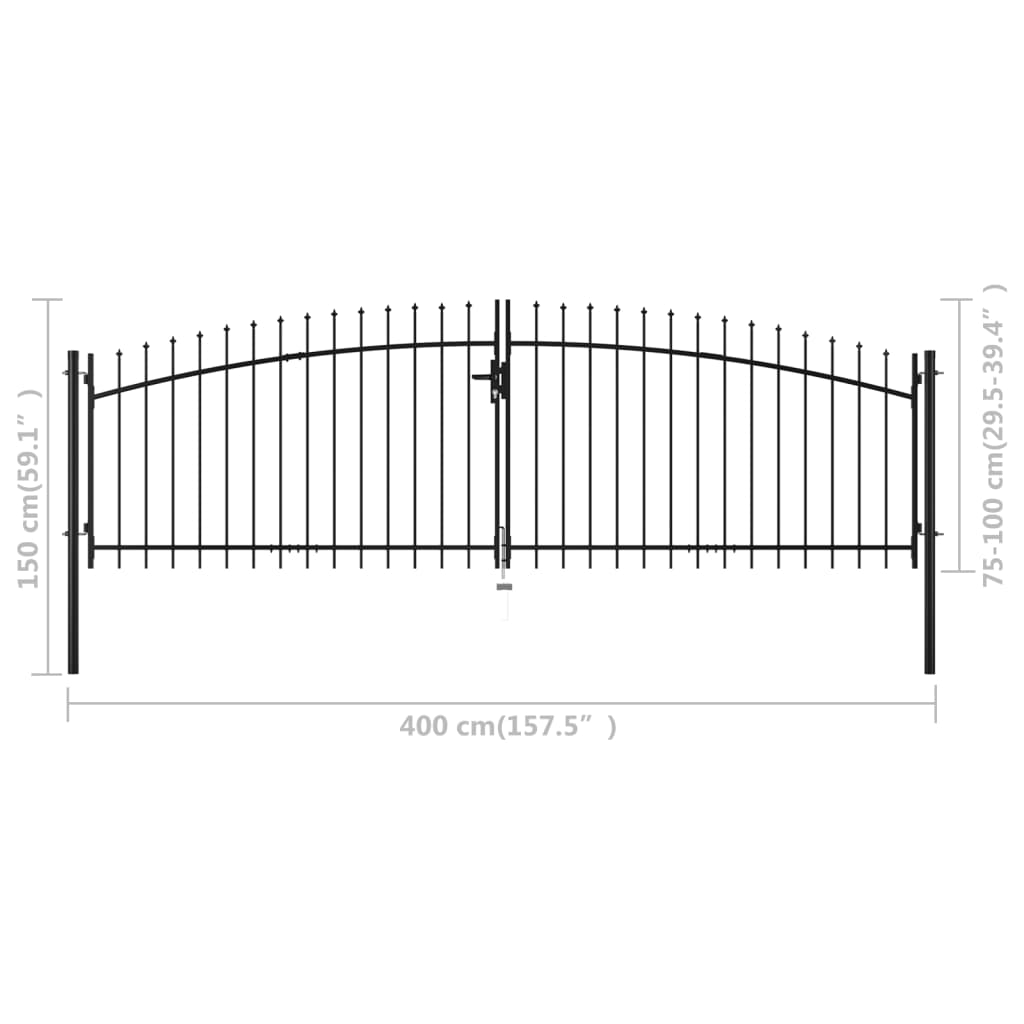 vidaXL Poartă de gard cu uși duble, cu vârfuri de suliță, 400 x 150 cm vidaXL Poartă de gard cu uși duble, cu vârfuri de suliță, 400 x 150 cm