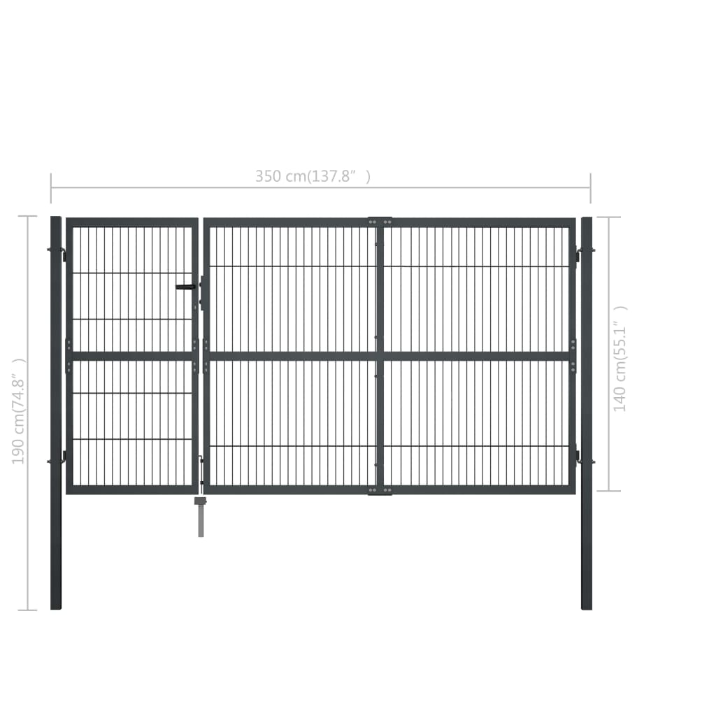 vidaXL Poartă de grădină cu stâlpi, antracit, 350 x 140 cm, oțel