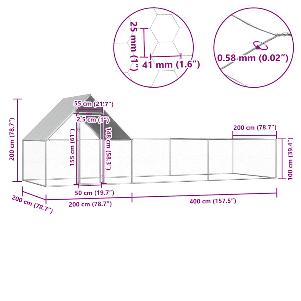 vidaXL Coteț pentru păsări, 6 x 2 x 2 m, oțel galvanizat vidaXL Coteț pentru păsări, 6 x 2 x 2 m, oțel galvanizat