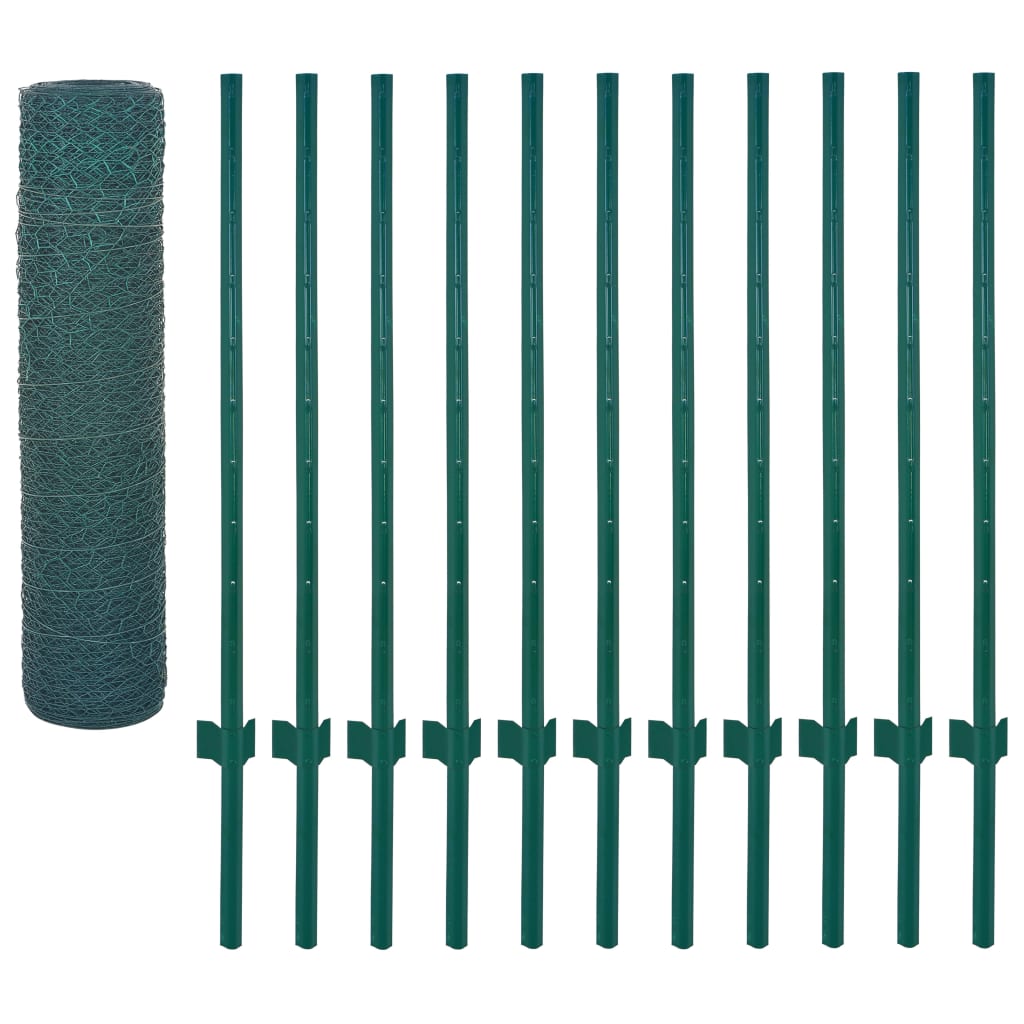 vidaXL Gard din plasă de sârmă cu stâlpi, verde, 25 x 0,5 m, oțel vidaXL Gard din plasă de sârmă cu stâlpi, verde, 25 x 0,5 m, oțel