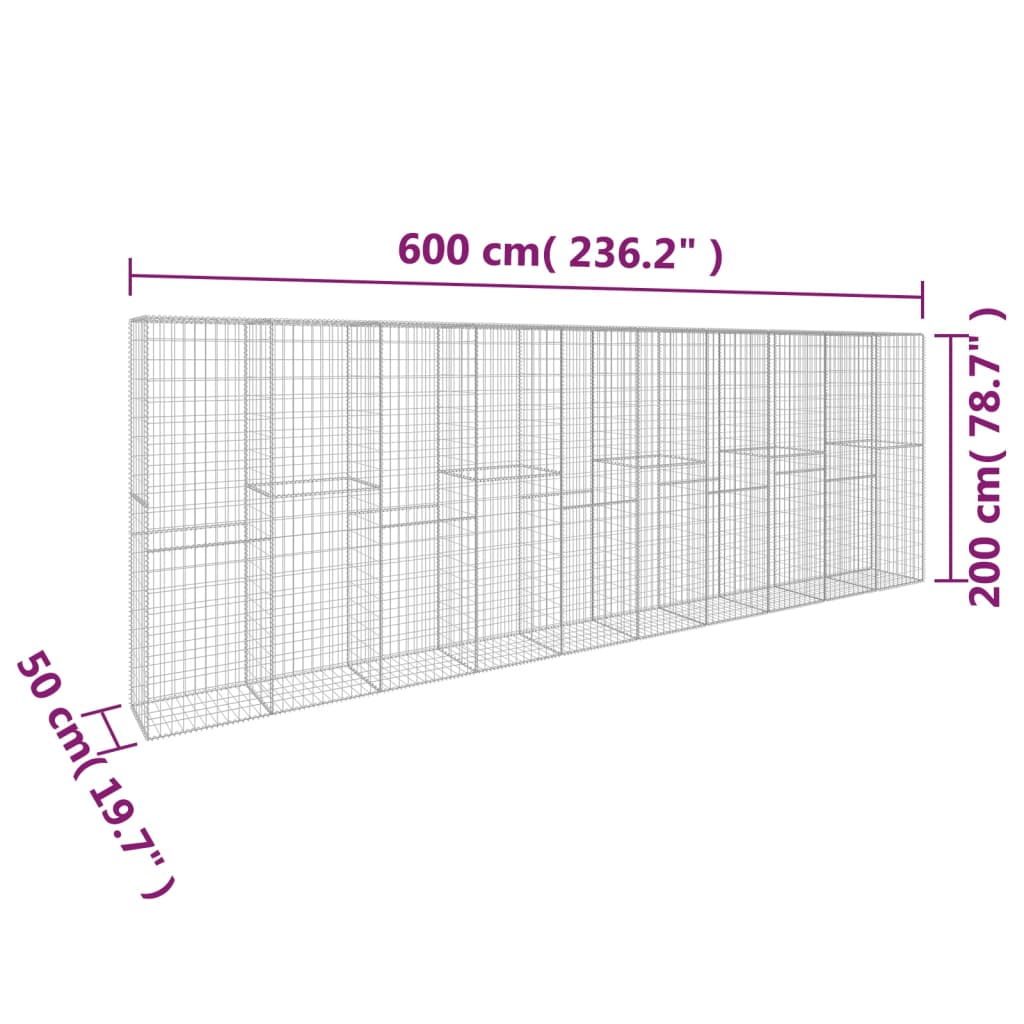 vidaXL Perete gabion cu capac, 600 x 50 x 200 cm, oțel galvanizat vidaXL Perete gabion cu capac, 600 x 50 x 200 cm, oțel galvanizat