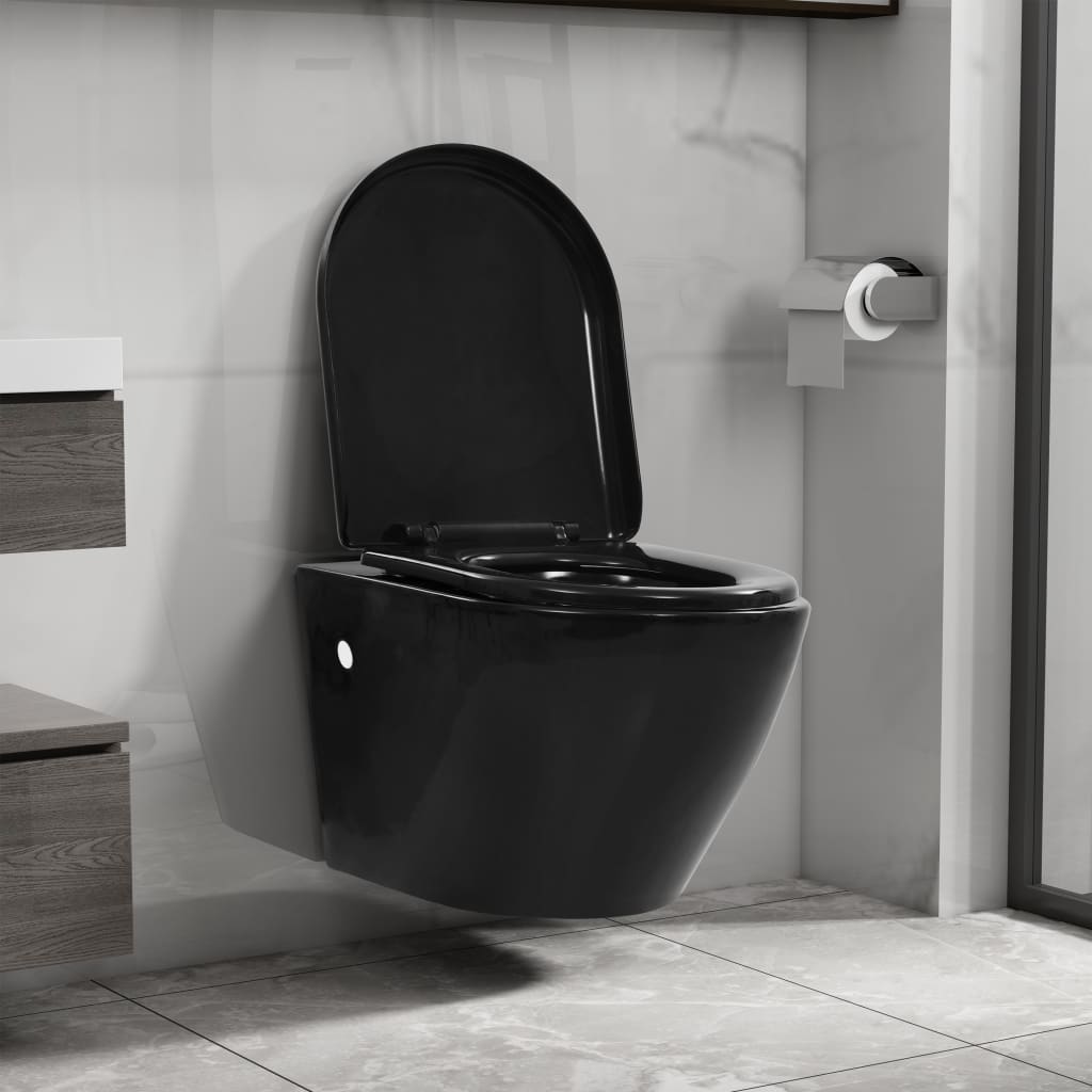 vidaXL Vas WC suspendat fără ramă, negru, ceramică vidaXL Vas WC suspendat fără ramă, negru, ceramică