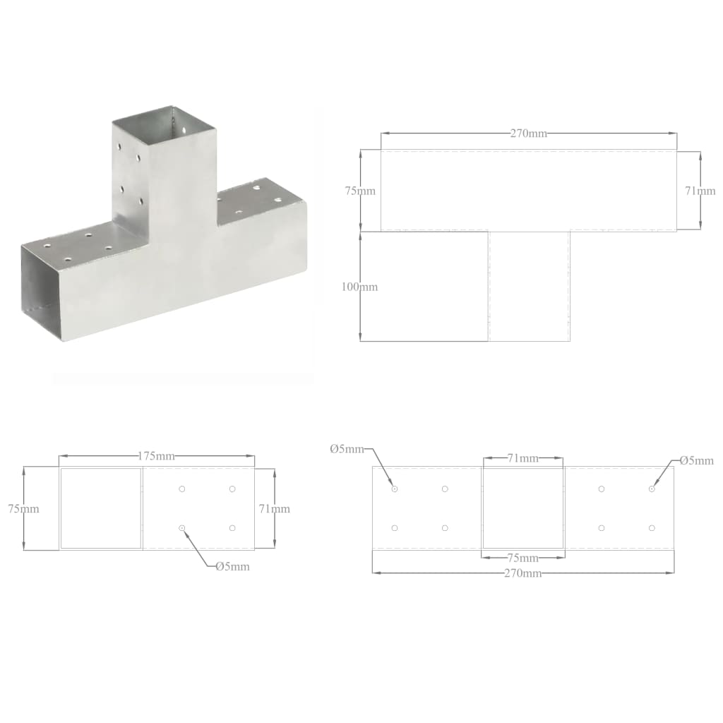 vidaXL Conector de grindă, formă T, 71 x 71 mm, metal galvanizat vidaXL Conector de grindă, formă T, 71 x 71 mm, metal galvanizat