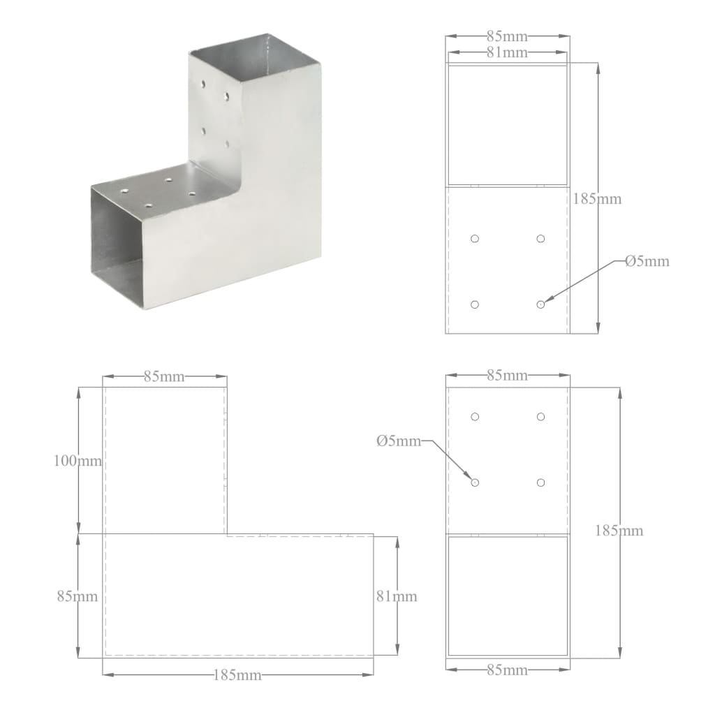 vidaXL Conector de grindă, formă L, 81 x 81 mm, metal galvanizat