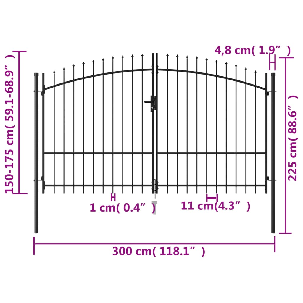 vidaXL Poartă de gard cu ușă dublă, vârf ascuțit, negru 3x1,75 m oțel vidaXL Poartă de gard cu ușă dublă, vârf ascuțit, negru 3x1,75 m oțel