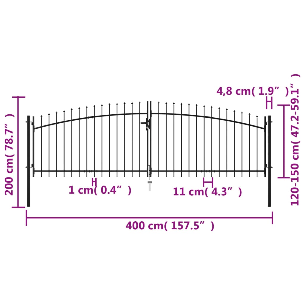 vidaXL Poartă de gard cu două uși, cu vârfuri de suliță, 400 x 200 cm vidaXL Poartă de gard cu două uși, cu vârfuri de suliță, 400 x 200 cm