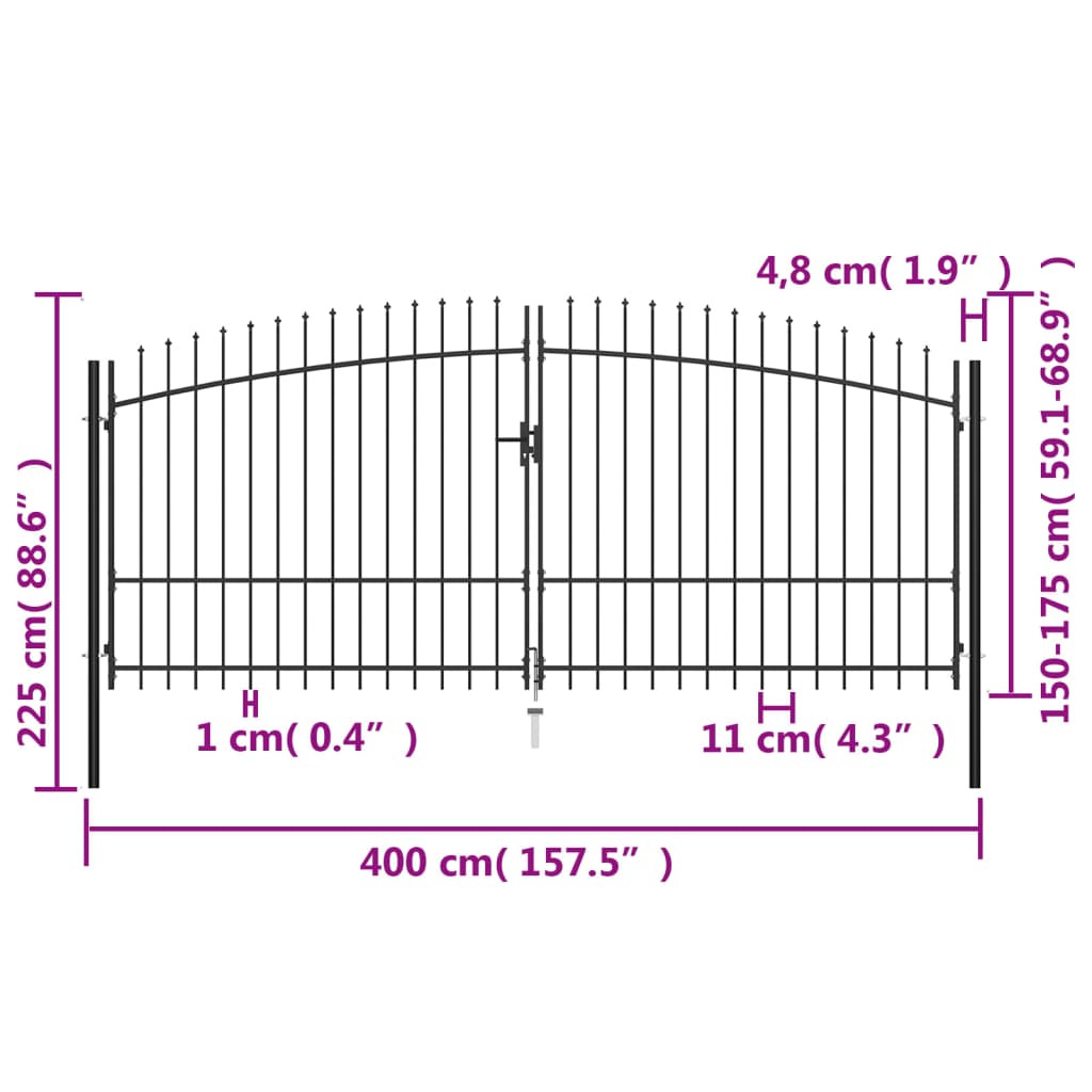 vidaXL Poartă de gard cu două uși, cu vârfuri de suliță, 400 x 225 cm vidaXL Poartă de gard cu două uși, cu vârfuri de suliță, 400 x 225 cm
