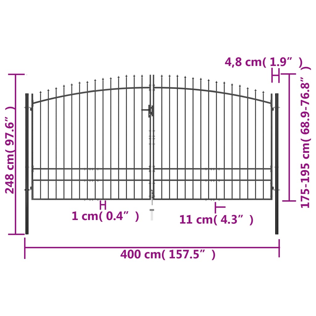 vidaXL Poartă de gard cu două uși, cu vârfuri de suliță, 400 x 248 cm vidaXL Poartă de gard cu două uși, cu vârfuri de suliță, 400 x 248 cm