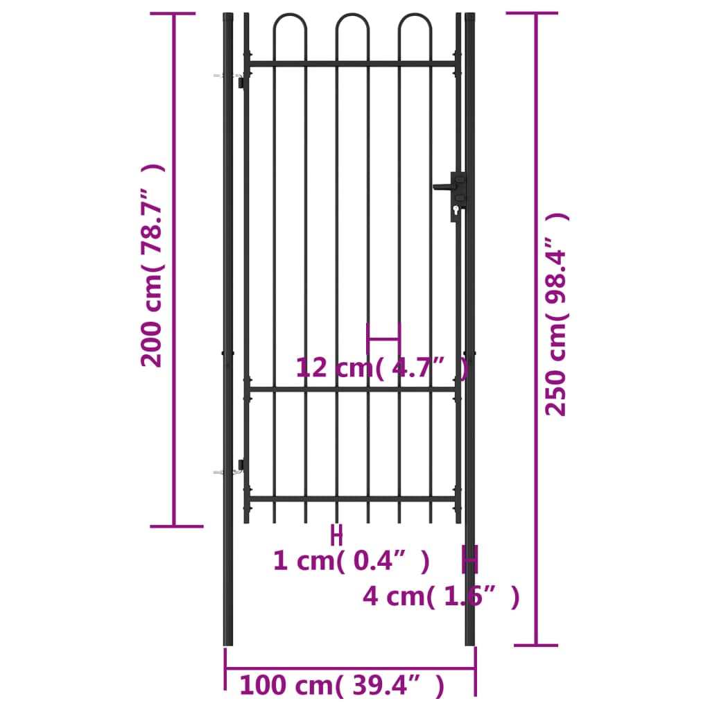 vidaXL Poartă de gard, o ușă, cu vârf arcuit, negru, 1 x 2 m, oțel