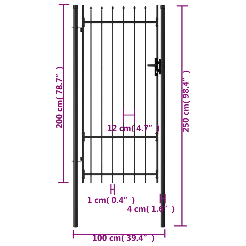 vidaXL Poartă de gard cu o ușă, vârf ascuțit, negru, 1 x 2 m, oțel vidaXL Poartă de gard cu o ușă, vârf ascuțit, negru, 1 x 2 m, oțel