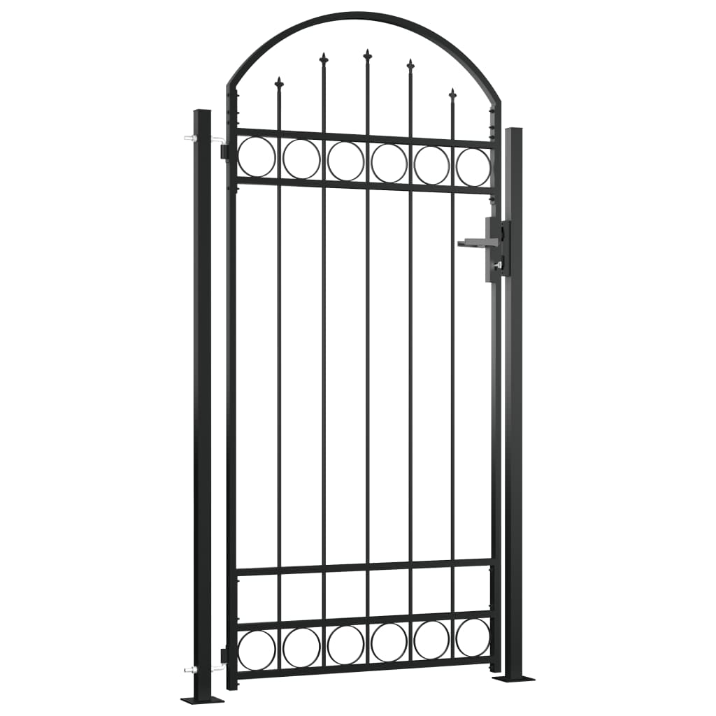 vidaXL Poartă de gard cu vârf arcuit și 2 stâlpi, negru, 105 x 204 cm