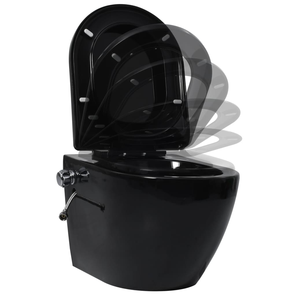 vidaXL Vas WC suspendat fără ramă cu funcție de bideu, negru, ceramică vidaXL Vas WC suspendat fără ramă cu funcție de bideu, negru, ceramică