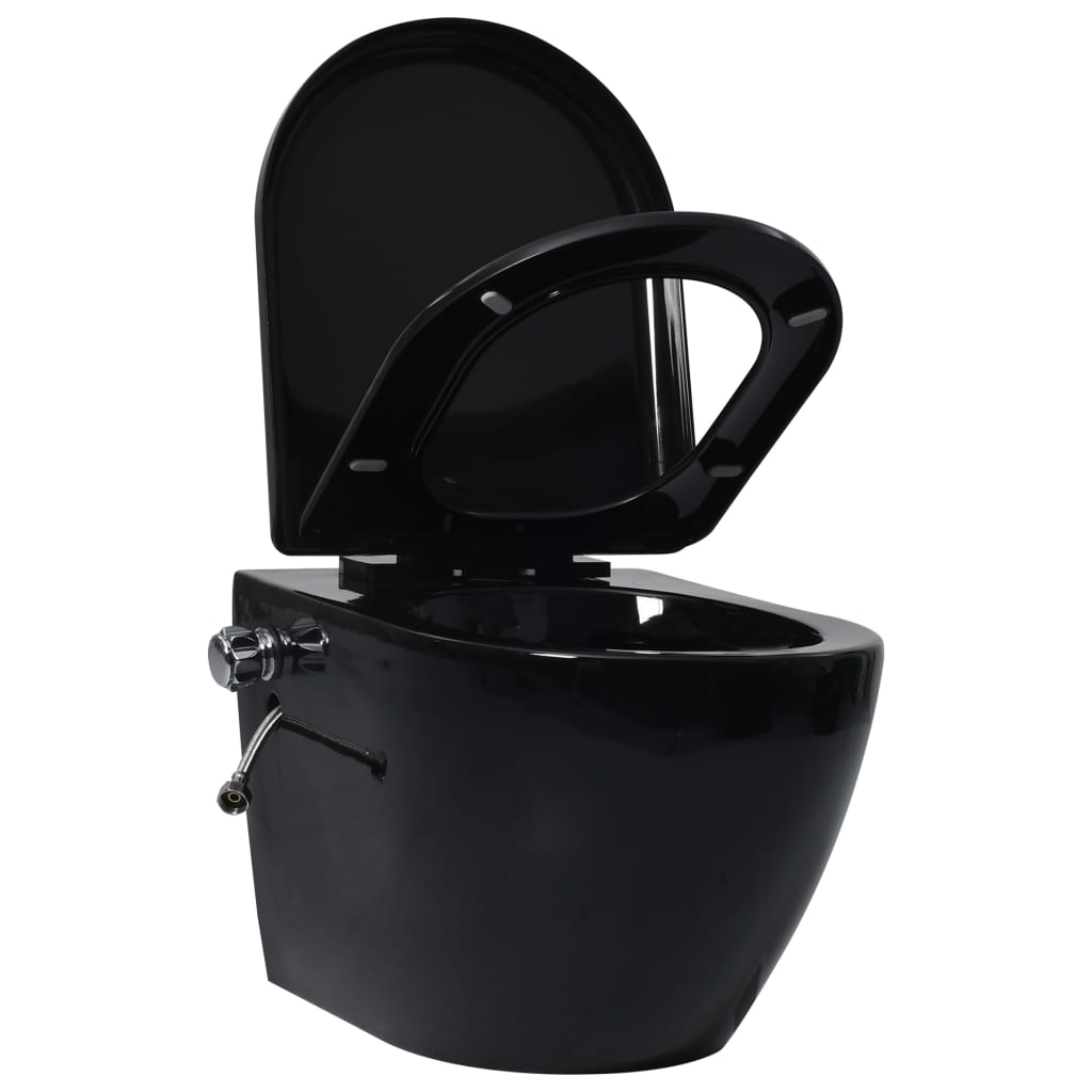 vidaXL Vas WC suspendat fără ramă cu funcție de bideu, negru, ceramică vidaXL Vas WC suspendat fără ramă cu funcție de bideu, negru, ceramică