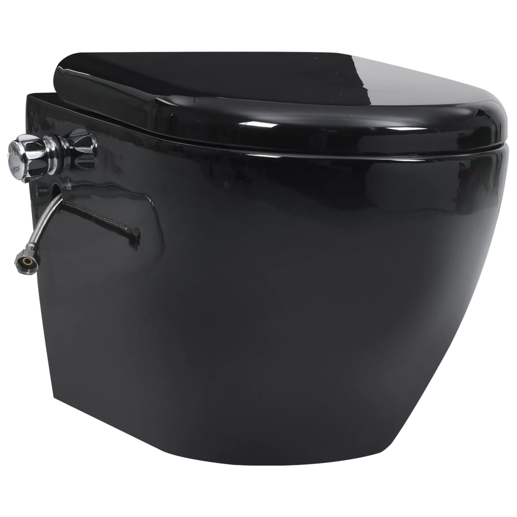 vidaXL Vas WC suspendat fără ramă cu funcție de bideu, negru, ceramică vidaXL Vas WC suspendat fără ramă cu funcție de bideu, negru, ceramică