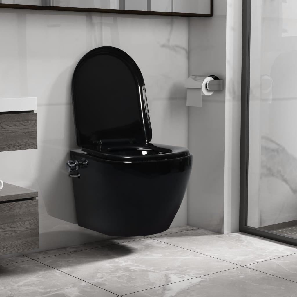 vidaXL Vas WC suspendat fără ramă cu funcție de bideu, negru, ceramică vidaXL Vas WC suspendat fără ramă cu funcție de bideu, negru, ceramică