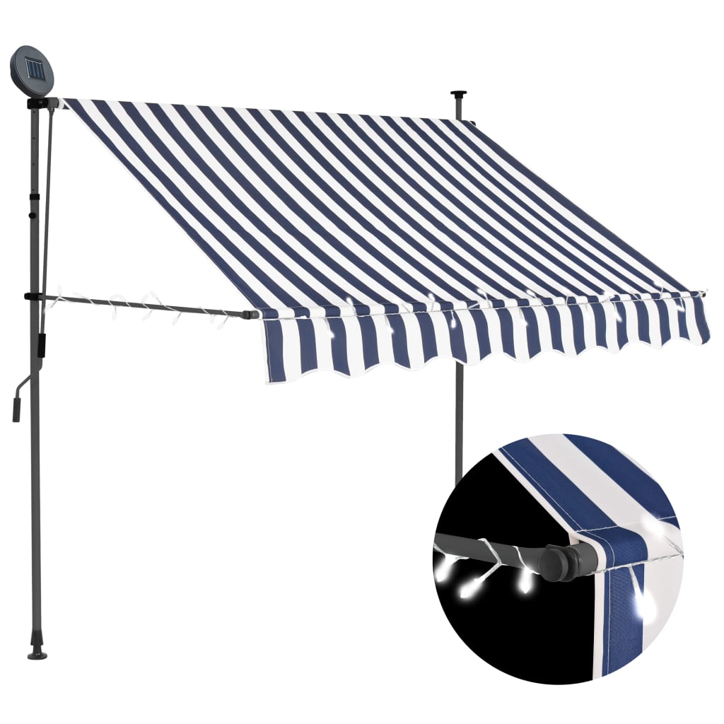 vidaXL Copertină retractabilă manual cu LED, albastru & alb, 150 cm