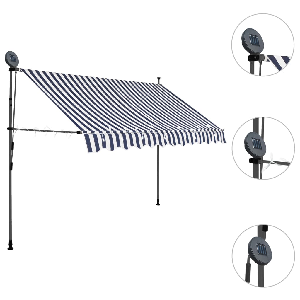 vidaXL Copertină retractabilă manual cu LED, albastru & alb, 250 cm