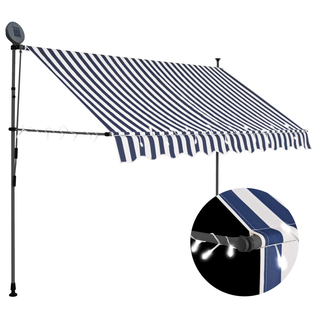 vidaXL Copertină retractabilă manual cu LED, albastru & alb, 250 cm