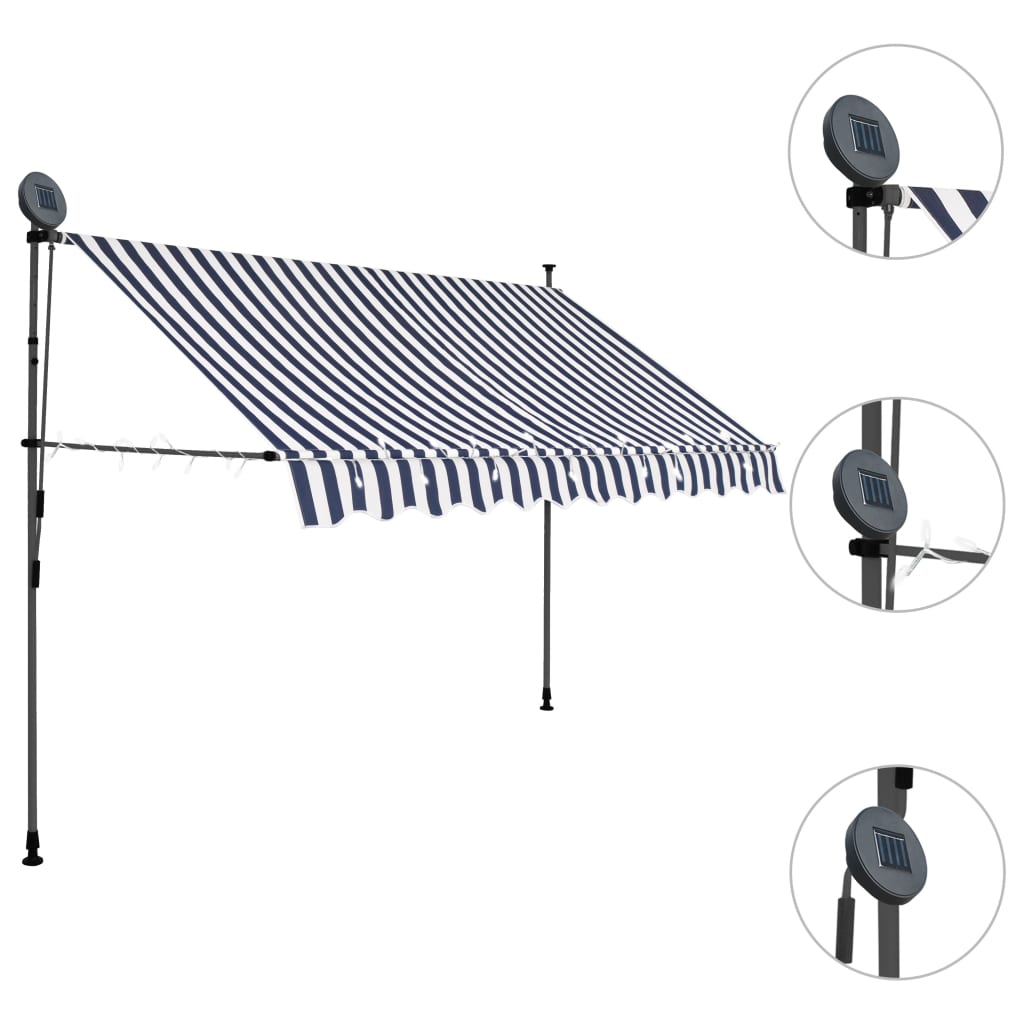 vidaXL Copertină retractabilă manual cu LED, albastru & alb, 300 cm