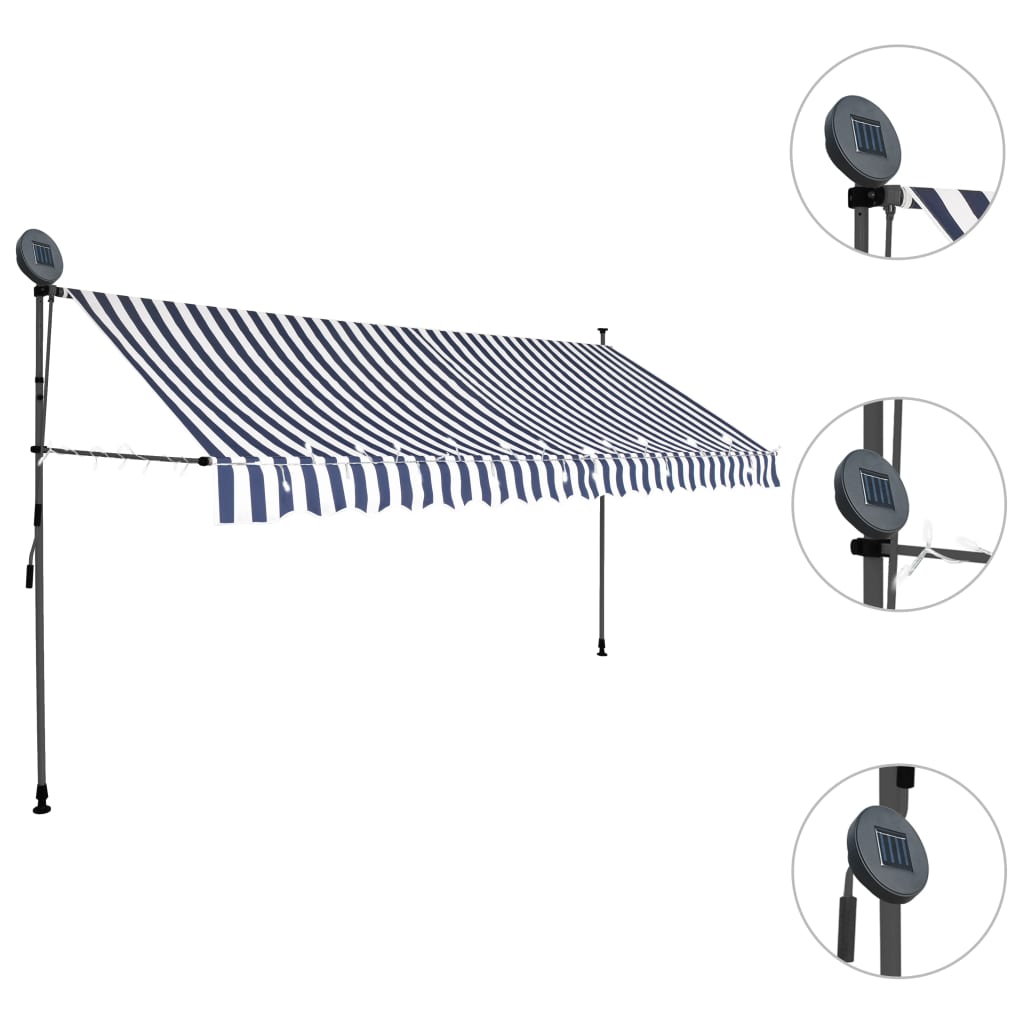 vidaXL Copertină retractabilă manual cu LED, albastru & alb, 350 cm