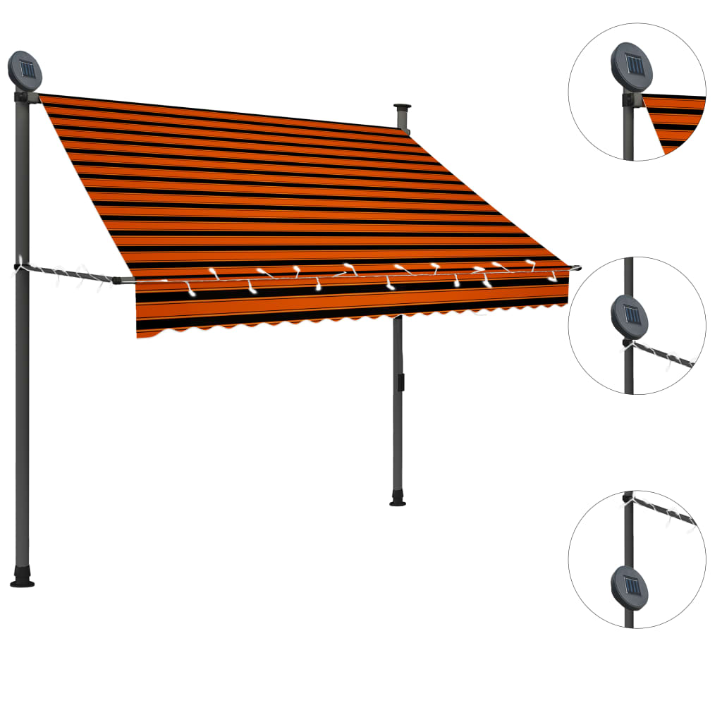 vidaXL Copertină retractabilă manual cu LED, portocaliu & maro, 200 cm