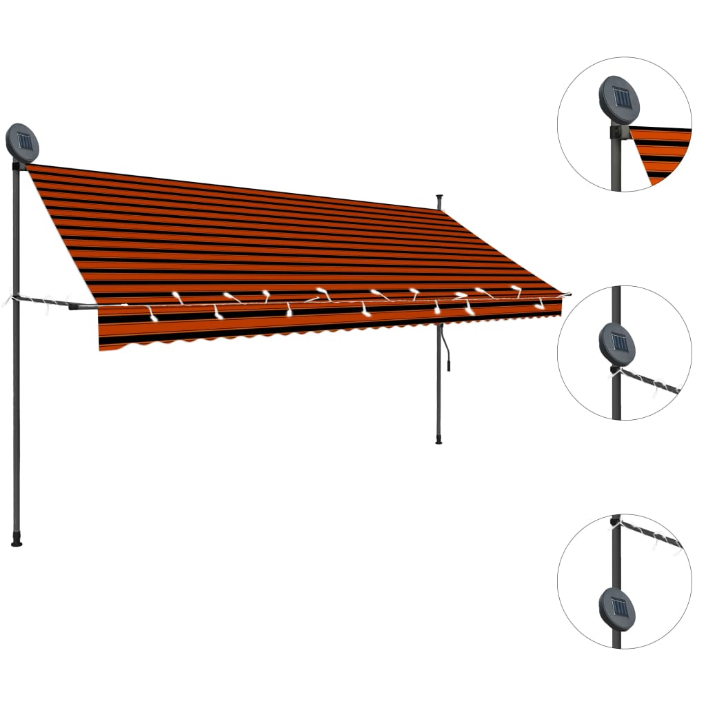 vidaXL Copertină retractabilă manual cu LED, portocaliu & maro, 350 cm