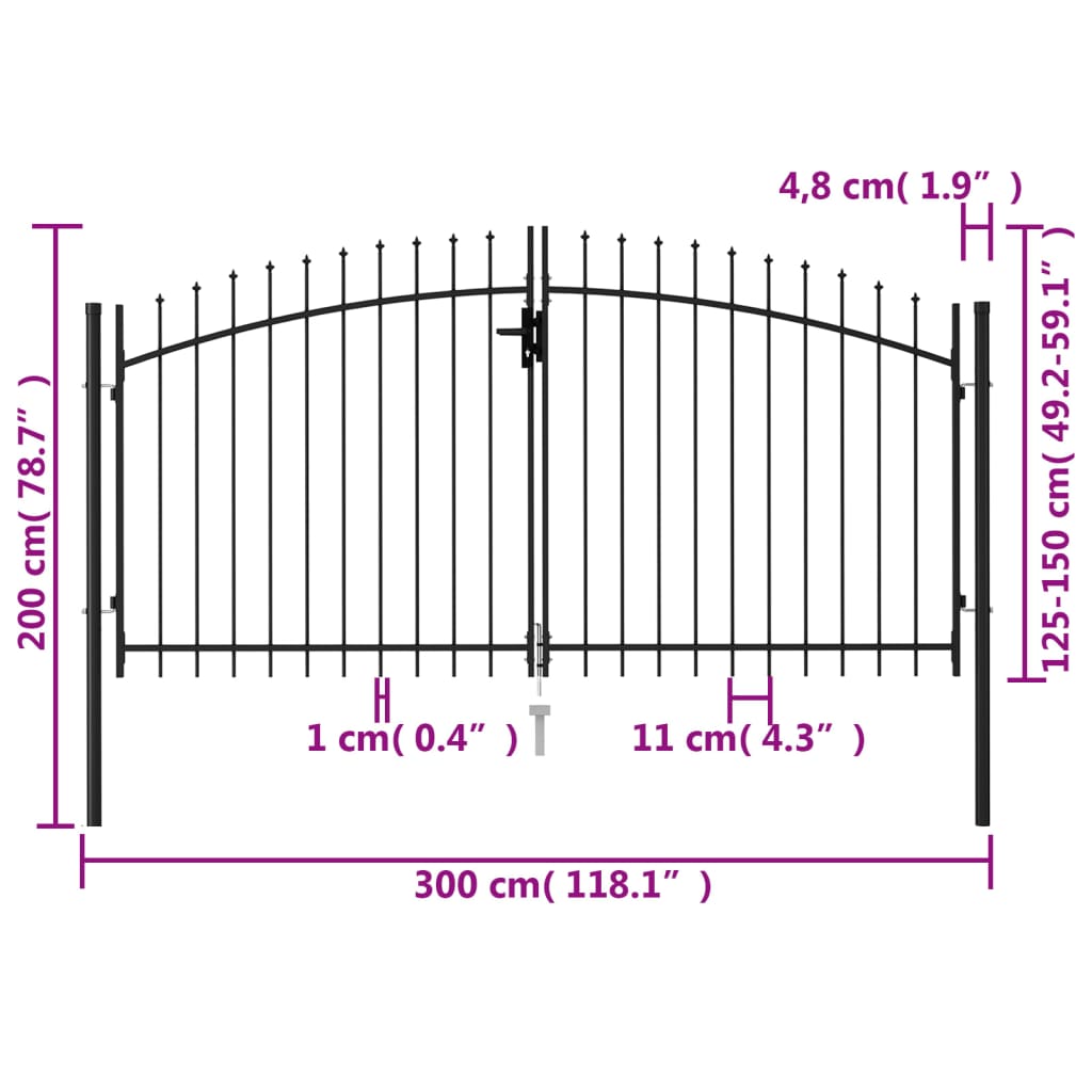 vidaXL Poartă de gard cu ușă dublă & vârf ascuțit negru 3 x 1,5 m oțel