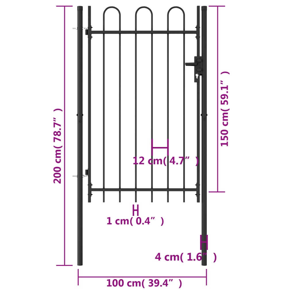 vidaXL Poartă de gard cu o ușă, vârf arcuit, negru, 1 x 1,5 m, oțel