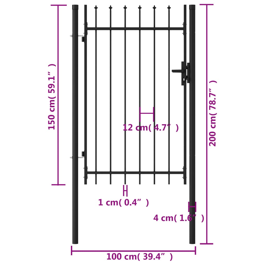 vidaXL Poartă de gard cu o ușă, vârf ascuțit, negru, 1 x 1,5 m, oțel vidaXL Poartă de gard cu o ușă, vârf ascuțit, negru, 1 x 1,5 m, oțel