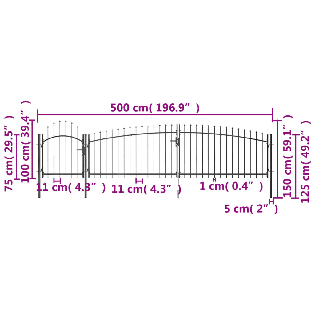 vidaXL Poartă gard pentru grădină cu vârf suliță, negru 5 x 1,5 m