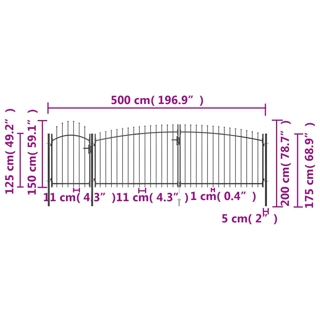 vidaXL Poartă gard pentru grădină cu vârf suliță, negru, 5 x 2 m vidaXL Poartă gard pentru grădină cu vârf suliță, negru, 5 x 2 m