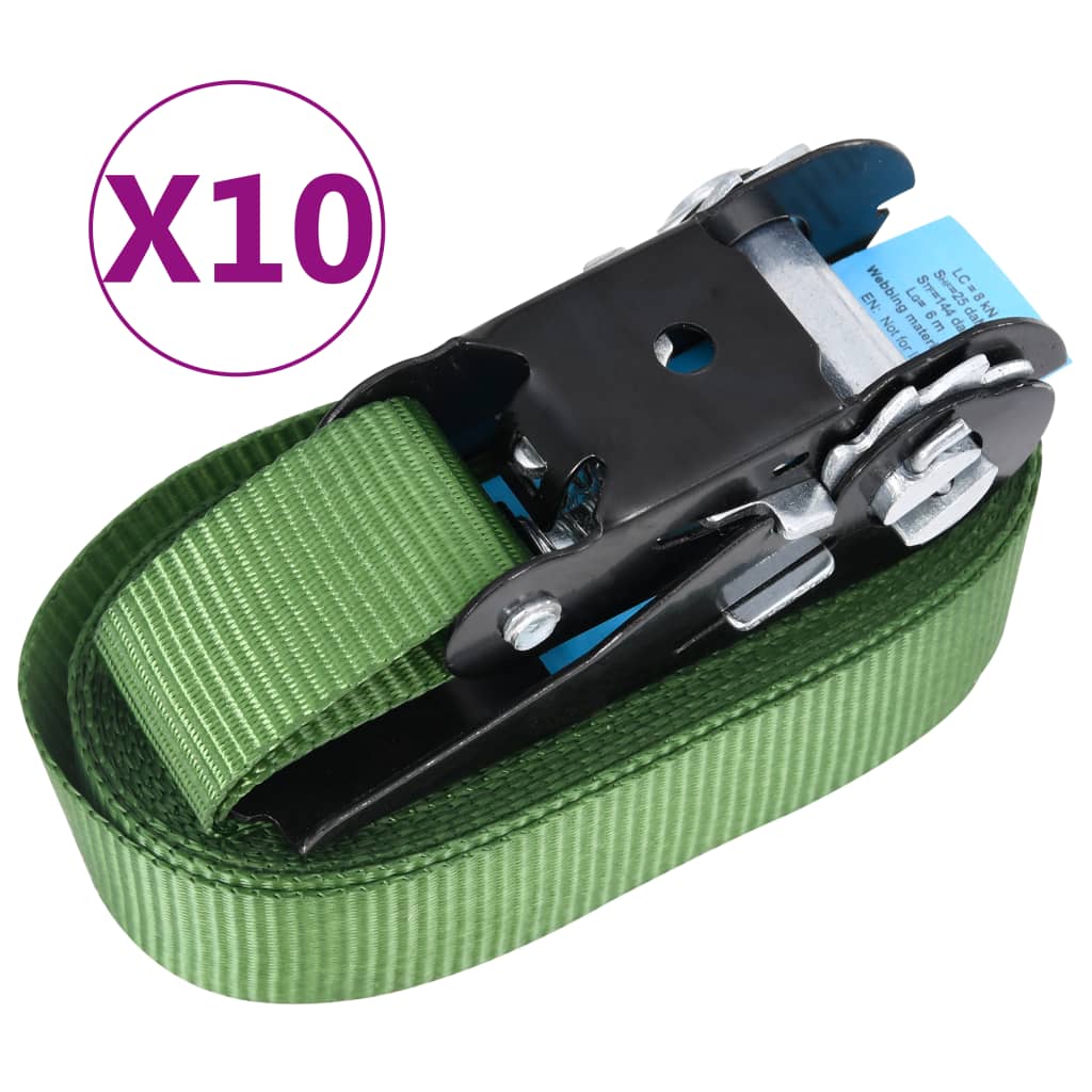 vidaXL Chingi de fixare cu clichet, 10 buc., verde, 6 m, 800 daN vidaXL Chingi de fixare cu clichet, 10 buc., verde, 6 m, 800 daN