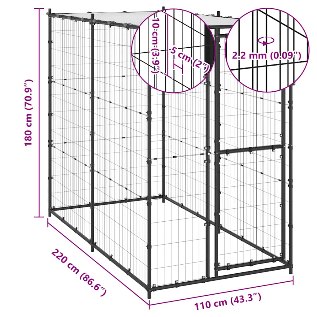 vidaXL Padoc pentru câini de exterior cu acoperiș 110x220x180 cm oțel