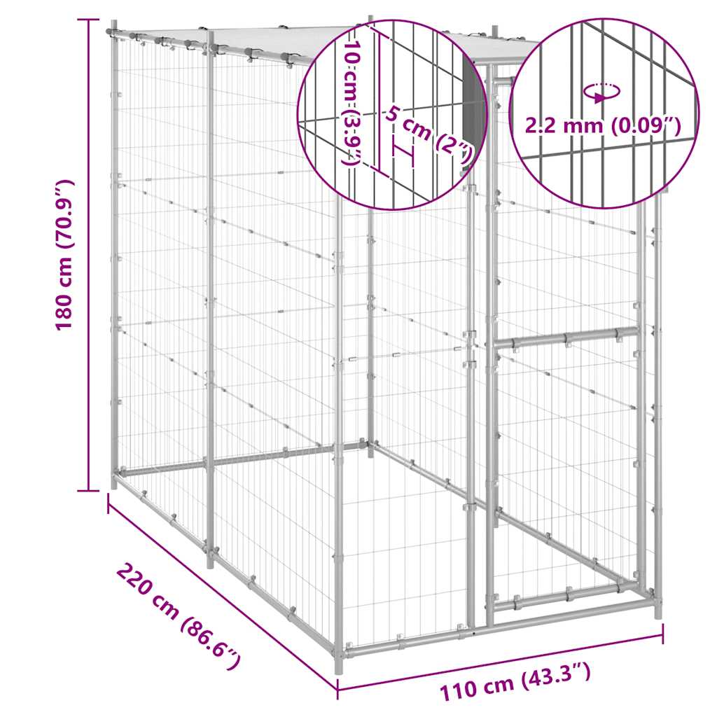 vidaXL Padoc câini de exterior cu acoperiș 110x220x180 cm oțel zincat vidaXL Padoc câini de exterior cu acoperiș 110x220x180 cm oțel zincat