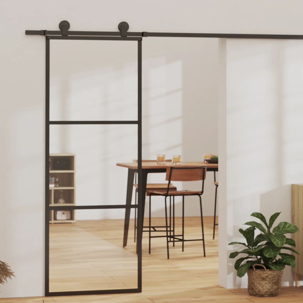 vidaXL Ușă glisantă cu 3 panouri, negru, 76x205 cm, sticlă ESG și aluminiu vidaXL Ușă glisantă cu 3 panouri, negru, 76x205 cm, sticlă ESG și aluminiu