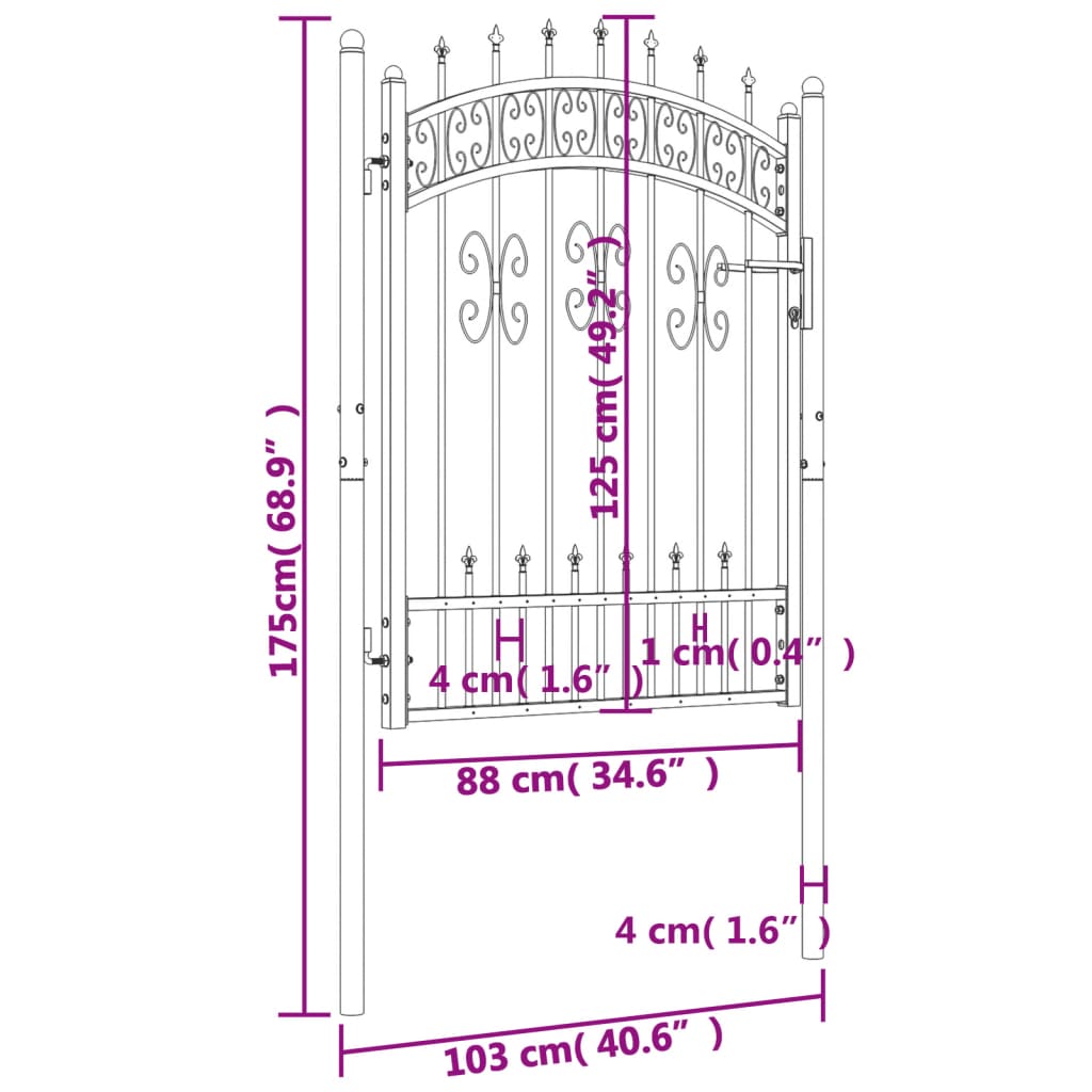 vidaXL Poartă gard cu vârf negru 103x175 cm oțel vopsit electrostatic vidaXL Poartă gard cu vârf negru 103x175 cm oțel vopsit electrostatic