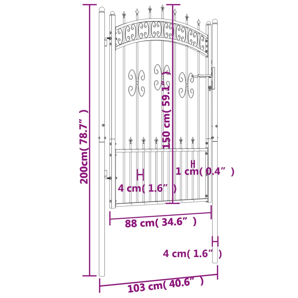 vidaXL Poartă gard cu vârf negru 103x200 cm oțel vopsit electrostatic