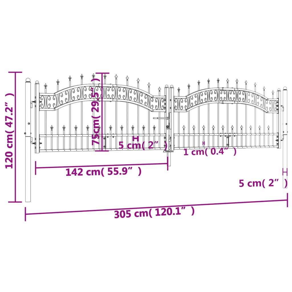 vidaXL Poartă gard cu vârf negru 305x120 cm oțel vopsit electrostatic