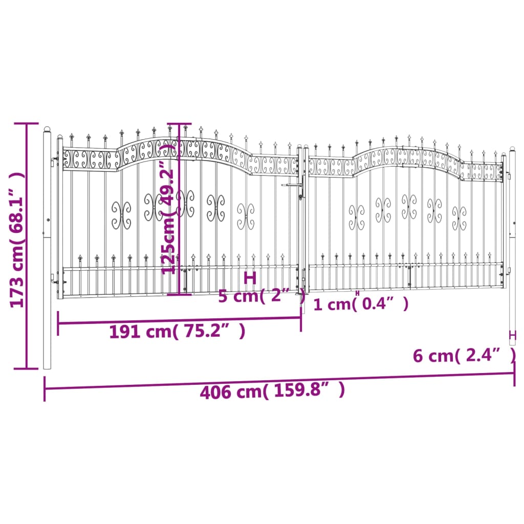vidaXL Poartă gard cu vârf negru 406x173 cm oțel vopsit electrostatic vidaXL Poartă gard cu vârf negru 406x173 cm oțel vopsit electrostatic