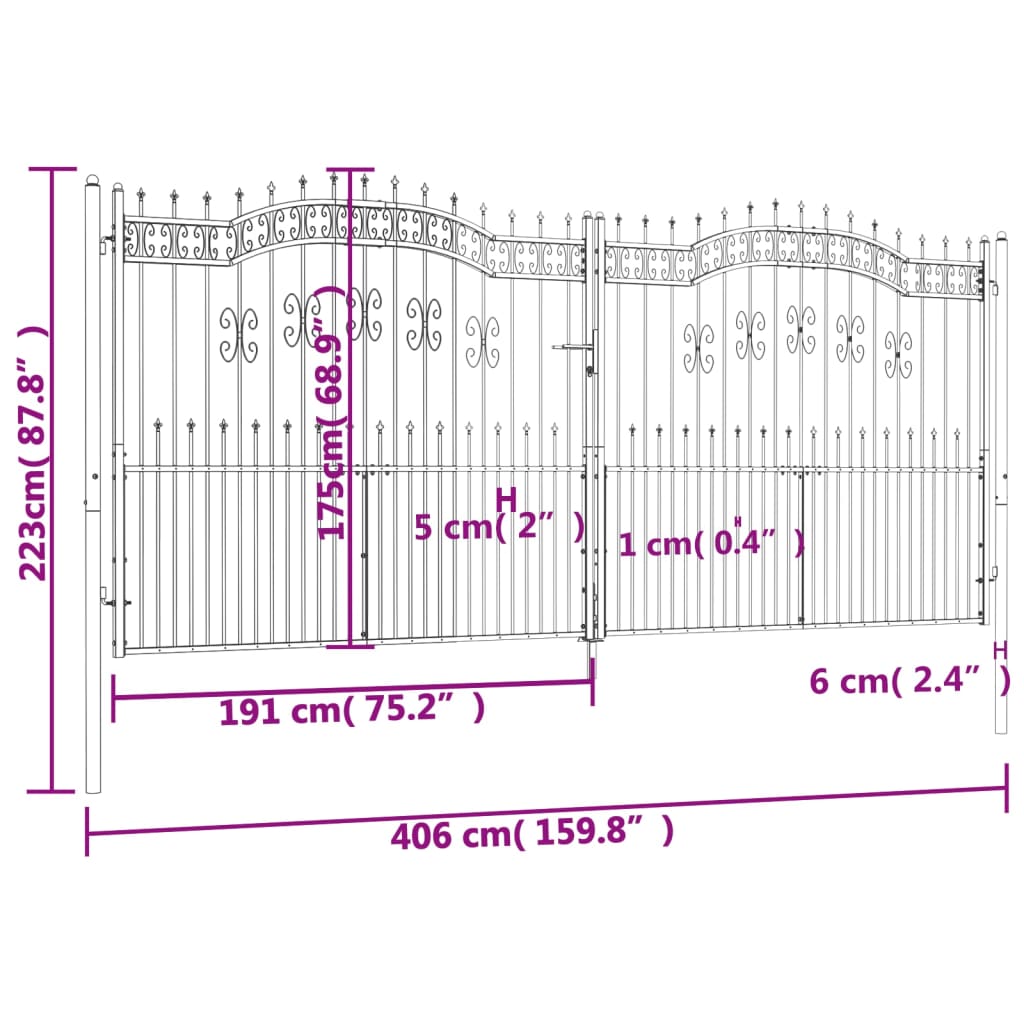 vidaXL Poartă gard cu vârf negru 406x223 cm oțel vopsit electrostatic