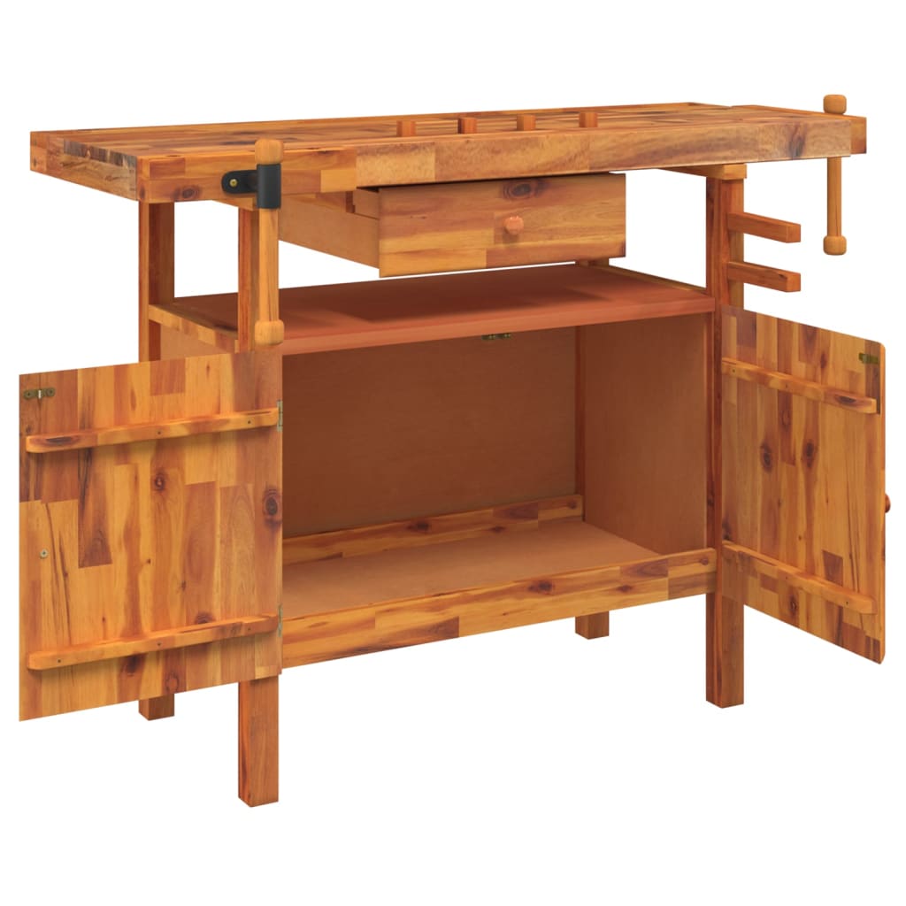 vidaXL Banc de lucru cu sertar și menghine, 124x52x83 cm, lemn acacia vidaXL Banc de lucru cu sertar și menghine, 124x52x83 cm, lemn acacia