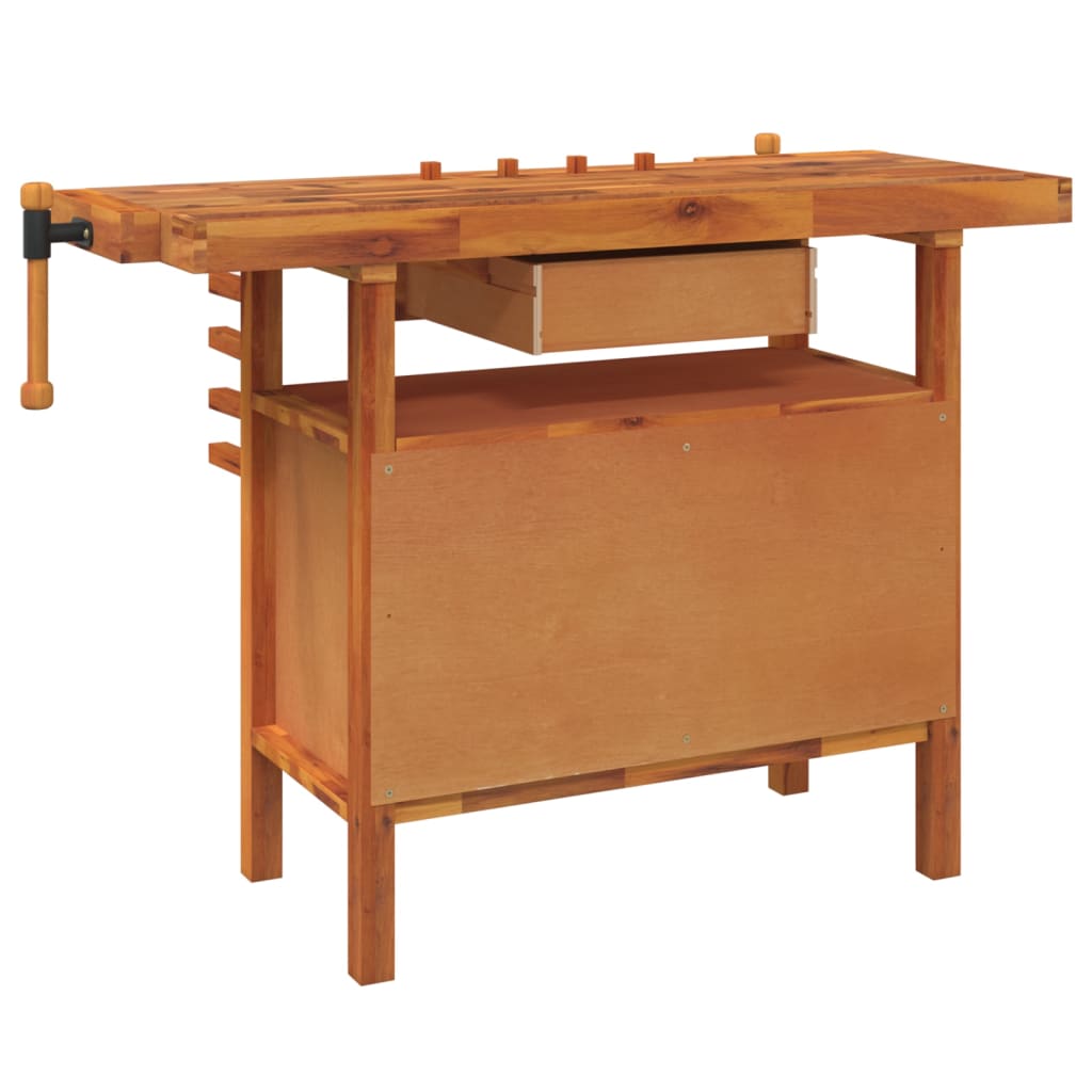 vidaXL Banc de lucru cu sertar și menghine, 124x52x83 cm, lemn acacia vidaXL Banc de lucru cu sertar și menghine, 124x52x83 cm, lemn acacia