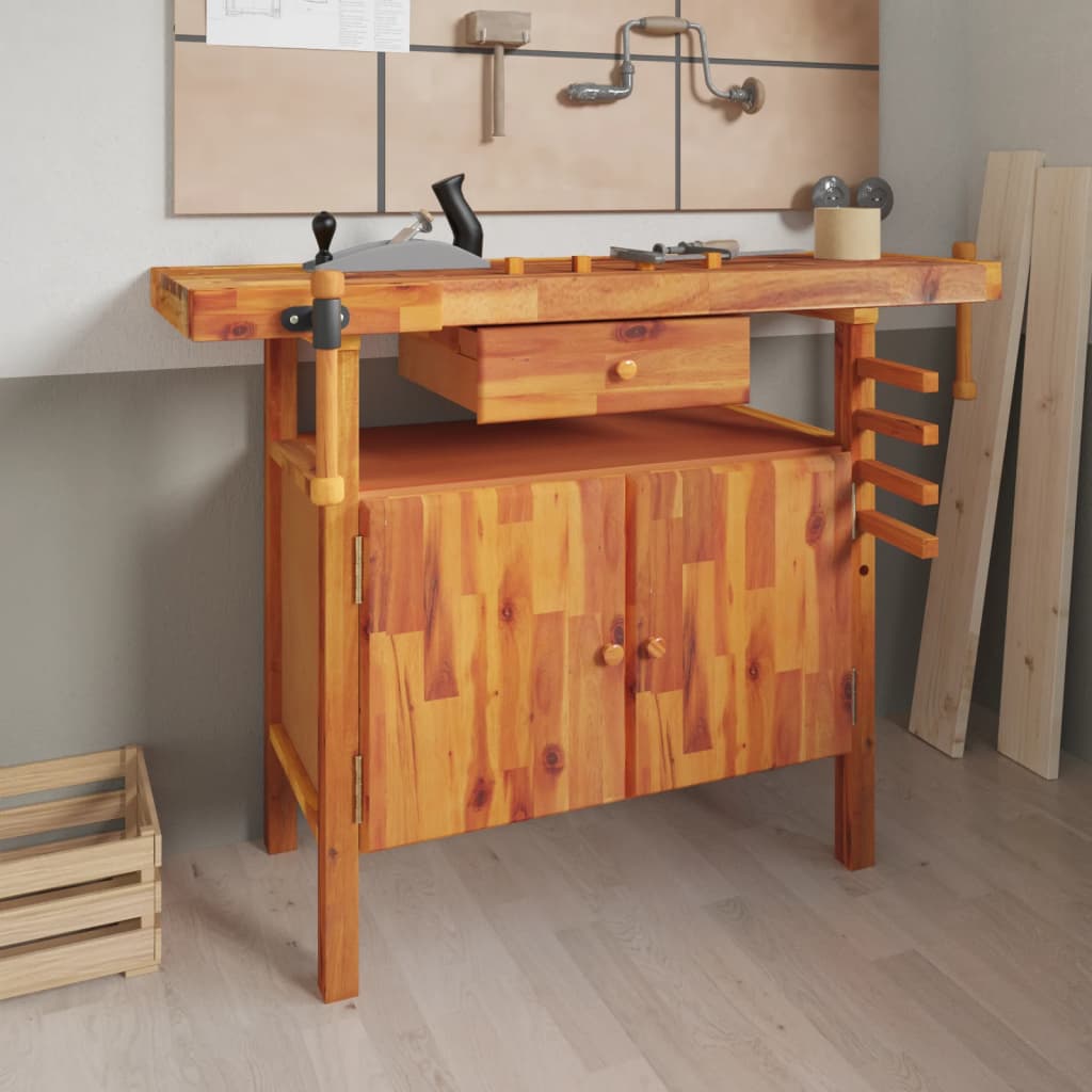 vidaXL Banc de lucru cu sertar și menghine, 124x52x83 cm, lemn acacia vidaXL Banc de lucru cu sertar și menghine, 124x52x83 cm, lemn acacia