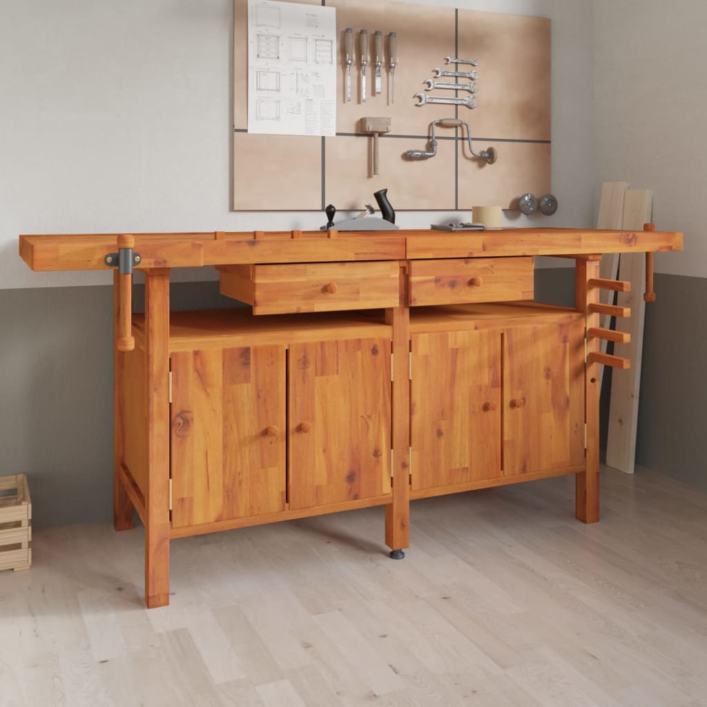 vidaXL Banc de lucru cu sertare și menghine, 192x62x83 cm, lemn acacia vidaXL Banc de lucru cu sertare și menghine, 192x62x83 cm, lemn acacia
