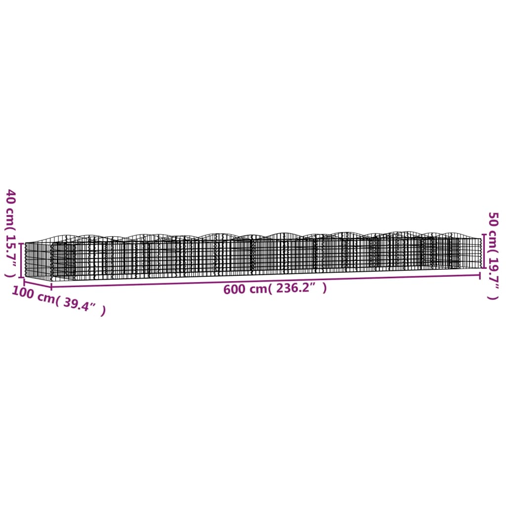 vidaXL Strat înălțat cu gabion arcuit, 600x100x50 cm, fier galvanizat