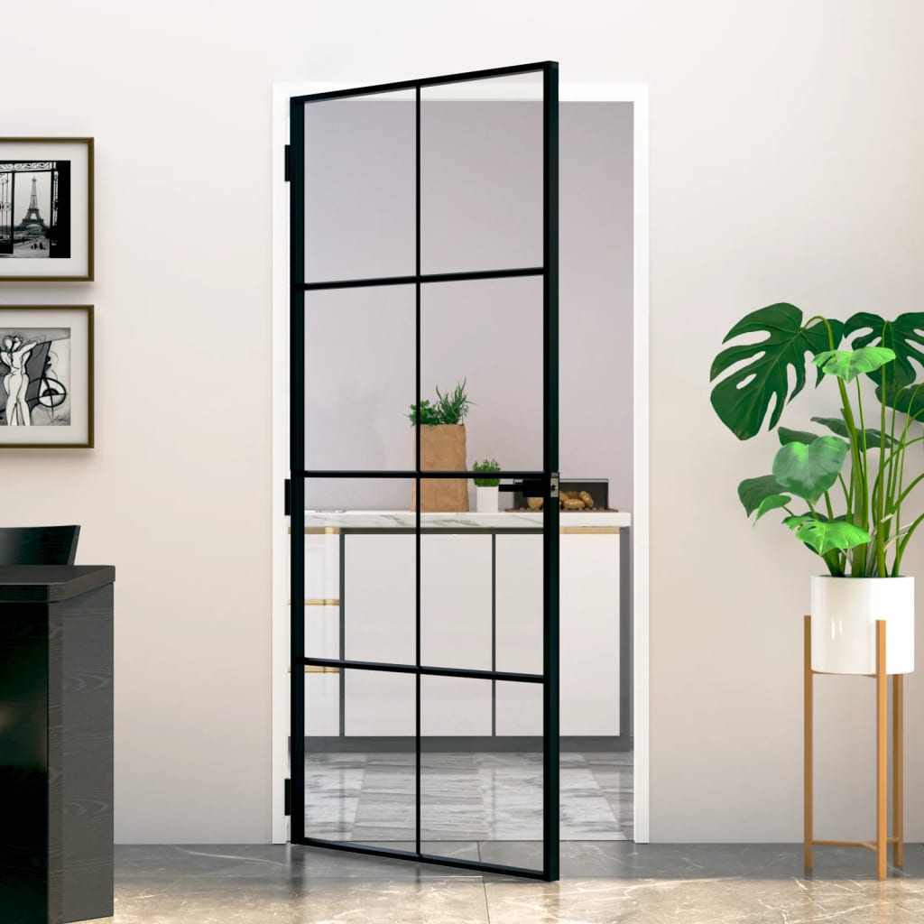 vidaXL Ușă de interior negru 93x201,5 cm sticlă securiz./aluminiu slim vidaXL Ușă de interior negru 93x201,5 cm sticlă securiz./aluminiu slim