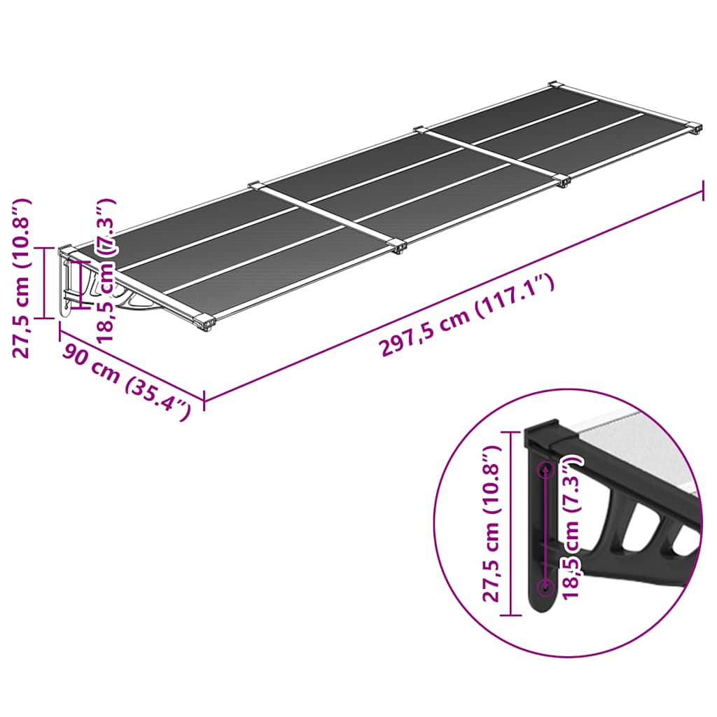 vidaXL Copertină de ușă, negru și transparent 297,5x90 cm policarbonat vidaXL Copertină de ușă, negru și transparent 297,5x90 cm policarbonat