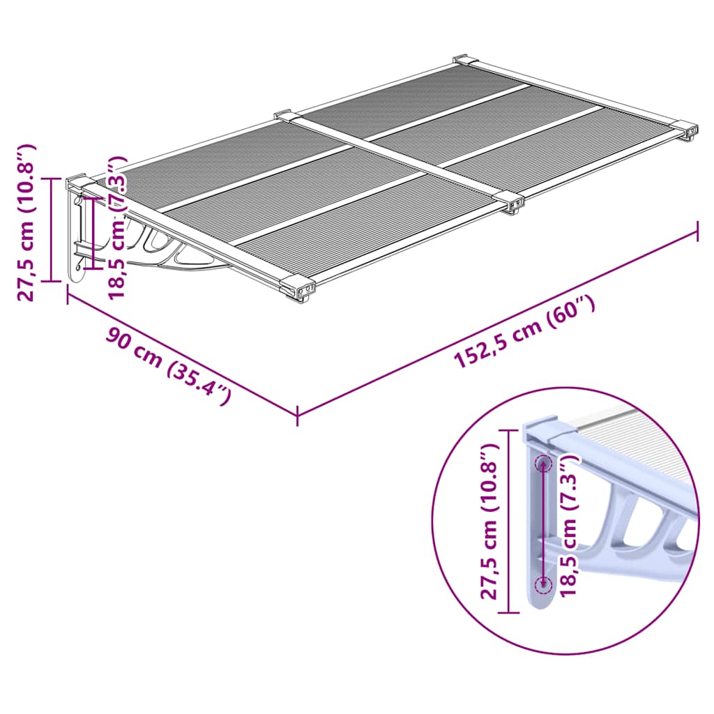 vidaXL Copertină de ușă, gri și transparent, 152,5x90 cm, policarbonat