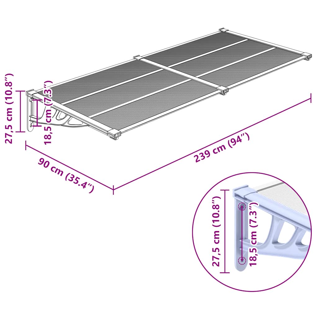 vidaXL Copertină de ușă, gri și transparent, 239x90 cm, policarbonat vidaXL Copertină de ușă, gri și transparent, 239x90 cm, policarbonat